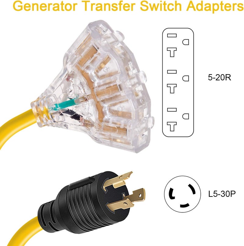 Rophor 30 Amp to 110 Adapter Generator Power Cord, 3 Prong 30 Amp to 15 Amp Generator Adapter, Nema L5-30P Male to 3X 5-20R Female with Lighted End, 1.5 FT - Image 2